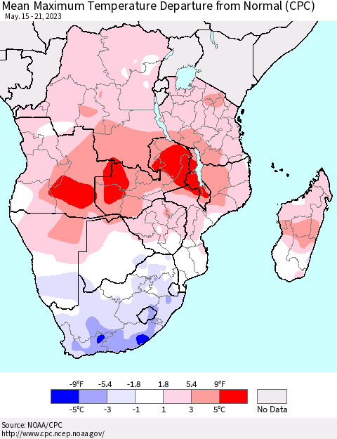 Southern Africa Mean Maximum Temperature Departure from Normal (CPC) Thematic Map For 5/15/2023 - 5/21/2023