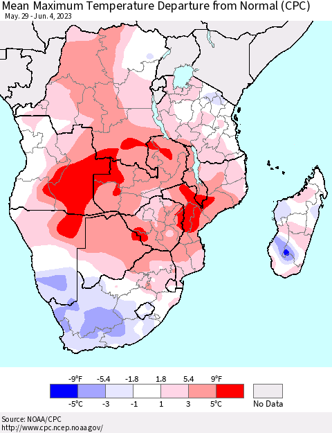 Southern Africa Mean Maximum Temperature Departure from Normal (CPC) Thematic Map For 5/29/2023 - 6/4/2023