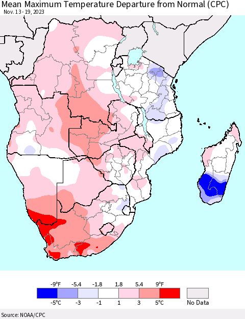 Southern Africa Mean Maximum Temperature Departure from Normal (CPC) Thematic Map For 11/13/2023 - 11/19/2023