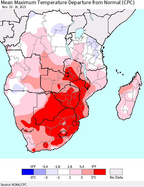 Southern Africa Mean Maximum Temperature Departure from Normal (CPC) Thematic Map For 11/20/2023 - 11/26/2023