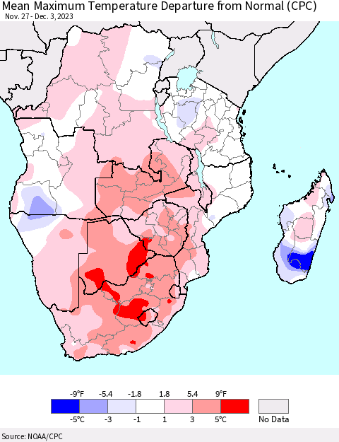 Southern Africa Mean Maximum Temperature Departure from Normal (CPC) Thematic Map For 11/27/2023 - 12/3/2023