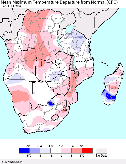 Southern Africa Mean Maximum Temperature Departure from Normal (CPC) Thematic Map For 1/8/2024 - 1/14/2024