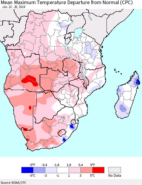 Southern Africa Mean Maximum Temperature Departure from Normal (CPC) Thematic Map For 1/22/2024 - 1/28/2024