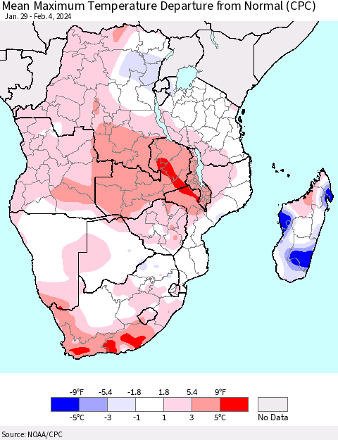 Southern Africa Mean Maximum Temperature Departure from Normal (CPC) Thematic Map For 1/29/2024 - 2/4/2024