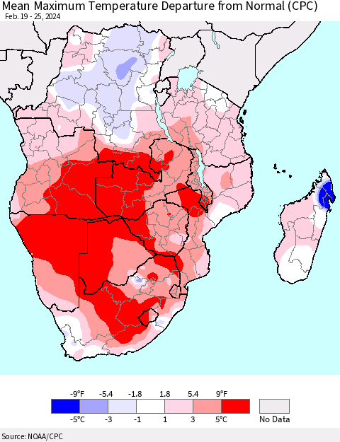 Southern Africa Mean Maximum Temperature Departure from Normal (CPC) Thematic Map For 2/19/2024 - 2/25/2024