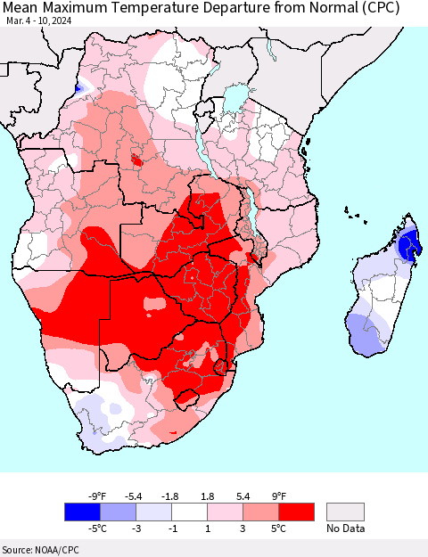Southern Africa Mean Maximum Temperature Departure from Normal (CPC) Thematic Map For 3/4/2024 - 3/10/2024
