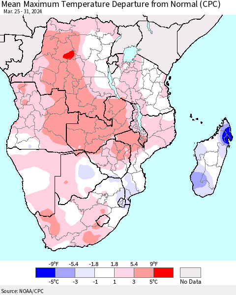 Southern Africa Mean Maximum Temperature Departure from Normal (CPC) Thematic Map For 3/25/2024 - 3/31/2024
