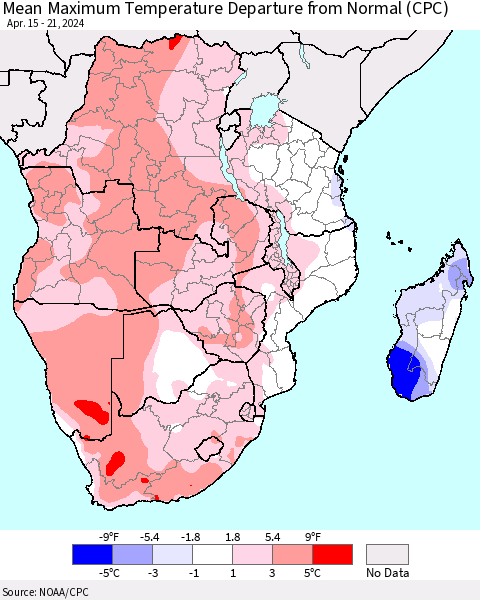 Southern Africa Mean Maximum Temperature Departure from Normal (CPC) Thematic Map For 4/15/2024 - 4/21/2024