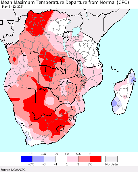 Southern Africa Mean Maximum Temperature Departure from Normal (CPC) Thematic Map For 5/6/2024 - 5/12/2024