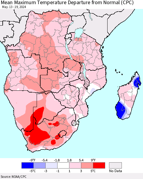 Southern Africa Mean Maximum Temperature Departure from Normal (CPC) Thematic Map For 5/13/2024 - 5/19/2024