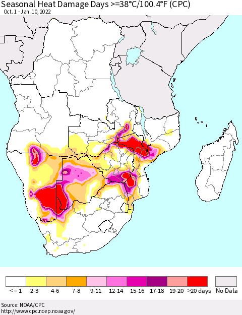 Southern Africa Seasonal Heat Damage Days >=38°C/100°F (CPC) Thematic Map For 10/1/2021 - 1/10/2022