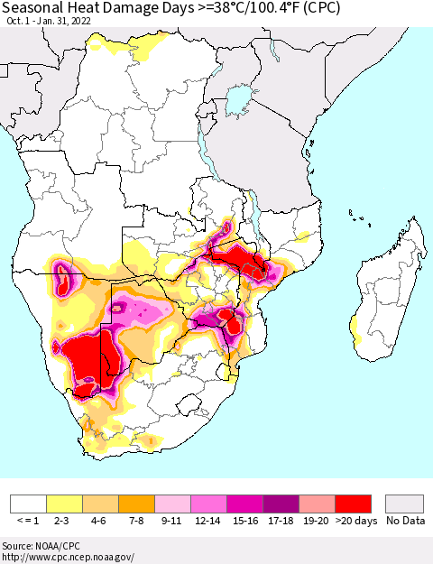 Southern Africa Seasonal Heat Damage Days >=38°C/100°F (CPC) Thematic Map For 10/1/2021 - 1/31/2022