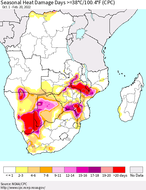 Southern Africa Seasonal Heat Damage Days >=38°C/100°F (CPC) Thematic Map For 10/1/2021 - 2/20/2022
