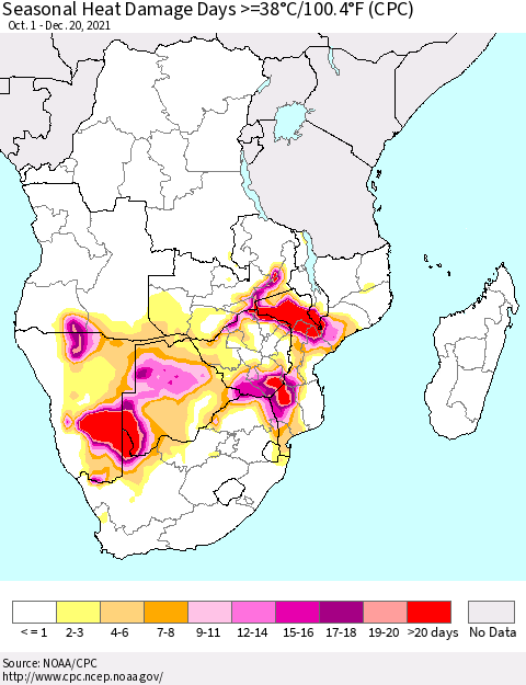 Southern Africa Seasonal Heat Damage Days >=38°C/100°F (CPC) Thematic Map For 10/1/2021 - 12/20/2021