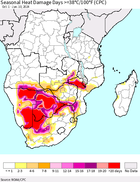 Southern Africa Seasonal Heat Damage Days >=38°C/100°F (CPC) Thematic Map For 10/1/2023 - 1/10/2024