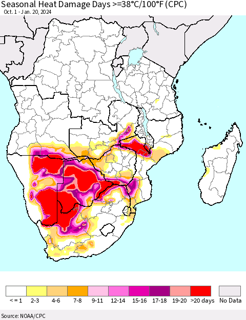 Southern Africa Seasonal Heat Damage Days >=38°C/100°F (CPC) Thematic Map For 10/1/2023 - 1/20/2024