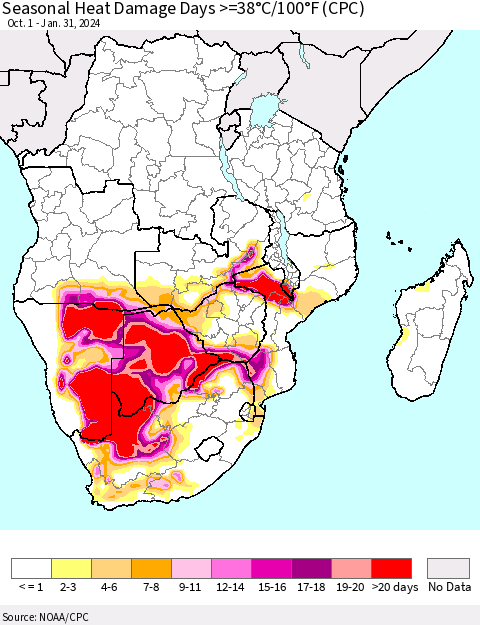 Southern Africa Seasonal Heat Damage Days >=38°C/100°F (CPC) Thematic Map For 10/1/2023 - 1/31/2024