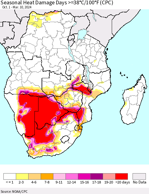 Southern Africa Seasonal Heat Damage Days >=38°C/100°F (CPC) Thematic Map For 10/1/2023 - 3/10/2024