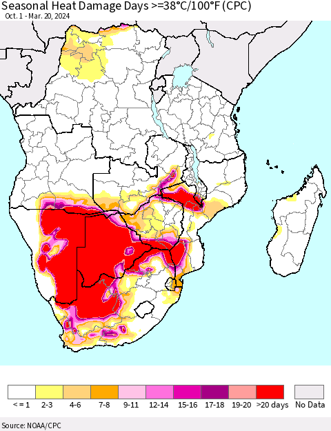 Southern Africa Seasonal Heat Damage Days >=38°C/100°F (CPC) Thematic Map For 10/1/2023 - 3/20/2024