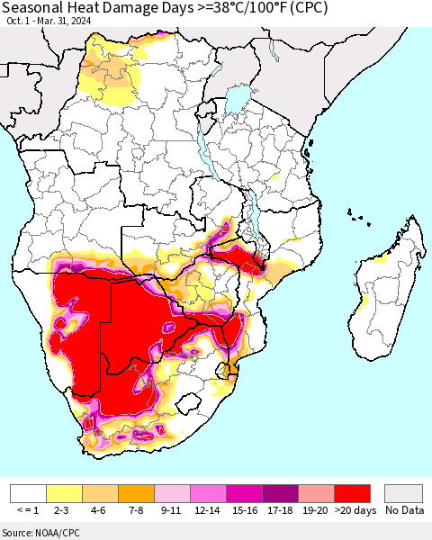Southern Africa Seasonal Heat Damage Days >=38°C/100°F (CPC) Thematic Map For 10/1/2023 - 3/31/2024