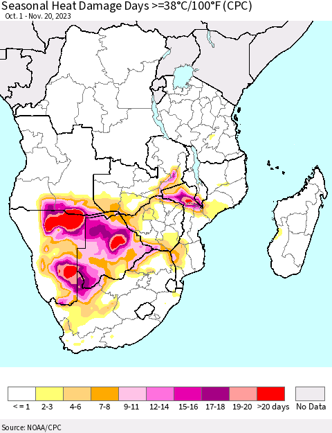 Southern Africa Seasonal Heat Damage Days >=38°C/100°F (CPC) Thematic Map For 10/1/2023 - 11/20/2023
