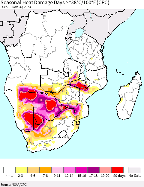 Southern Africa Seasonal Heat Damage Days >=38°C/100°F (CPC) Thematic Map For 10/1/2023 - 11/30/2023