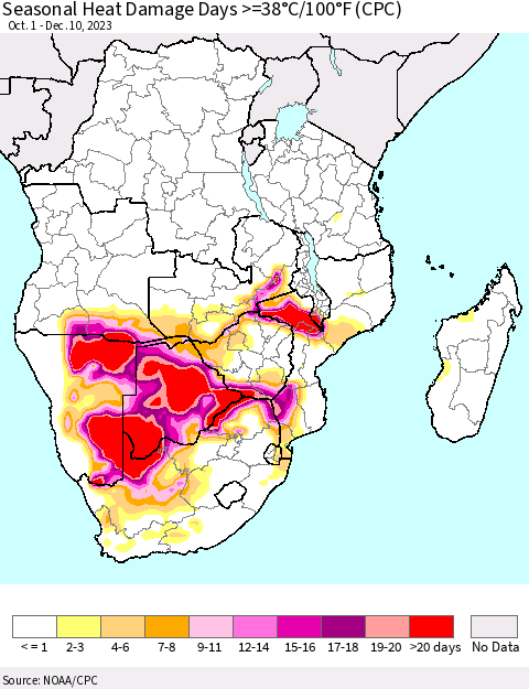 Southern Africa Seasonal Heat Damage Days >=38°C/100°F (CPC) Thematic Map For 10/1/2023 - 12/10/2023