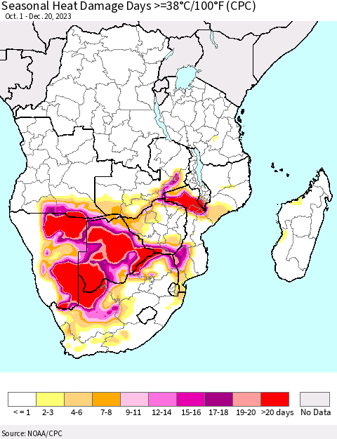 Southern Africa Seasonal Heat Damage Days >=38°C/100°F (CPC) Thematic Map For 10/1/2023 - 12/20/2023