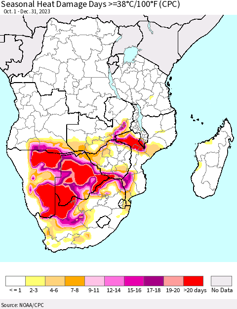 Southern Africa Seasonal Heat Damage Days >=38°C/100°F (CPC) Thematic Map For 10/1/2023 - 12/31/2023