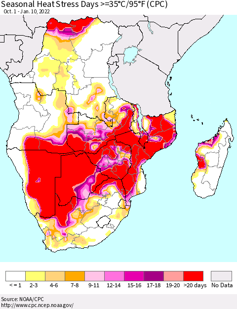 Southern Africa Seasonal Heat Stress Days >=35°C/95°F (CPC) Thematic Map For 10/1/2021 - 1/10/2022
