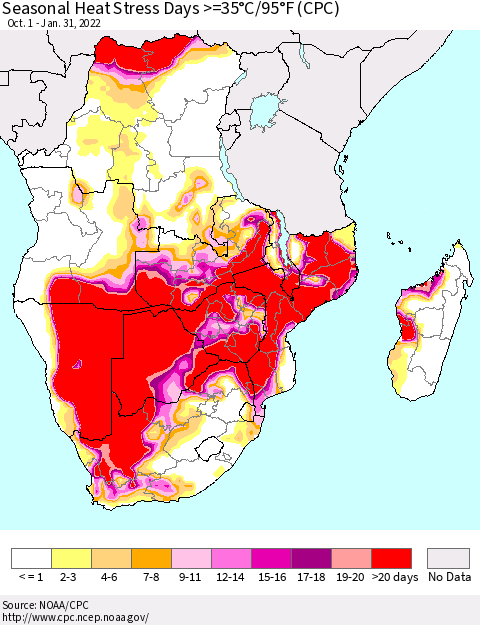 Southern Africa Seasonal Heat Stress Days >=35°C/95°F (CPC) Thematic Map For 10/1/2021 - 1/31/2022