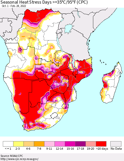 Southern Africa Seasonal Heat Stress Days >=35°C/95°F (CPC) Thematic Map For 10/1/2021 - 2/28/2022