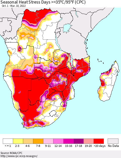 Southern Africa Seasonal Heat Stress Days >=35°C/95°F (CPC) Thematic Map For 10/1/2021 - 3/10/2022