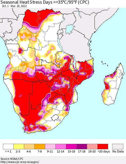 Southern Africa Seasonal Heat Stress Days >=35°C/95°F (CPC) Thematic Map For 10/1/2021 - 3/20/2022