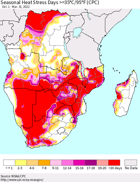 Southern Africa Seasonal Heat Stress Days >=35°C/95°F (CPC) Thematic Map For 10/1/2021 - 3/31/2022