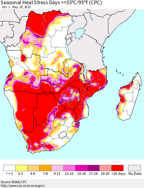 Southern Africa Seasonal Heat Stress Days >=35°C/95°F (CPC) Thematic Map For 10/1/2021 - 5/10/2022