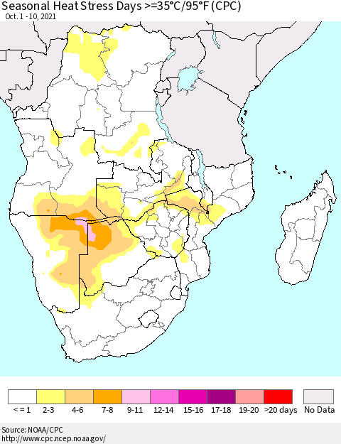 Southern Africa Seasonal Heat Stress Days >=35°C/95°F (CPC) Thematic Map For 10/1/2021 - 10/10/2021