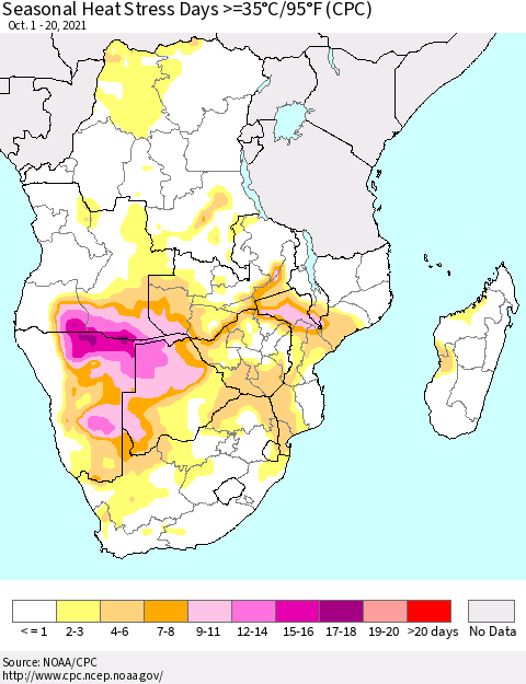 Southern Africa Seasonal Heat Stress Days >=35°C/95°F (CPC) Thematic Map For 10/1/2021 - 10/20/2021