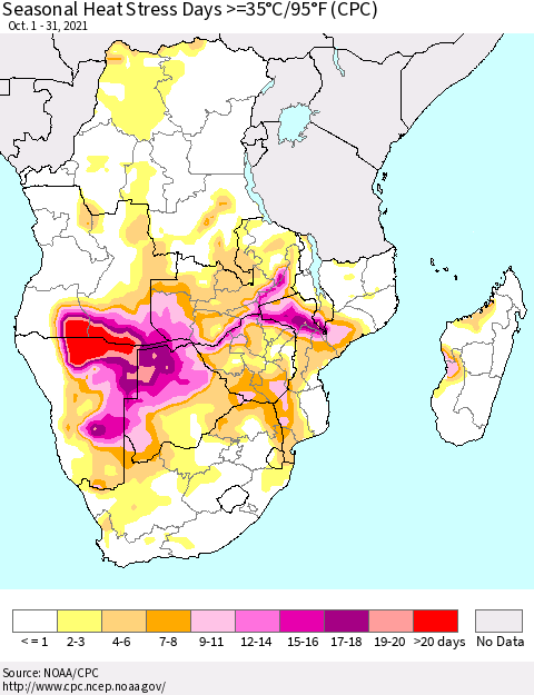 Southern Africa Seasonal Heat Stress Days >=35°C/95°F (CPC) Thematic Map For 10/1/2021 - 10/31/2021