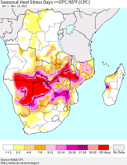 Southern Africa Seasonal Heat Stress Days >=35°C/95°F (CPC) Thematic Map For 10/1/2021 - 11/10/2021