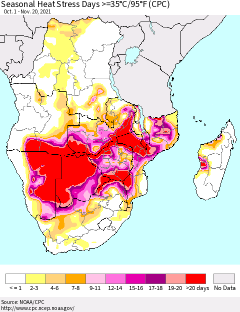 Southern Africa Seasonal Heat Stress Days >=35°C/95°F (CPC) Thematic Map For 10/1/2021 - 11/20/2021