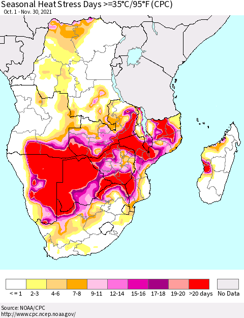 Southern Africa Seasonal Heat Stress Days >=35°C/95°F (CPC) Thematic Map For 10/1/2021 - 11/30/2021