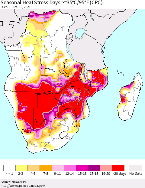 Southern Africa Seasonal Heat Stress Days >=35°C/95°F (CPC) Thematic Map For 10/1/2021 - 12/10/2021