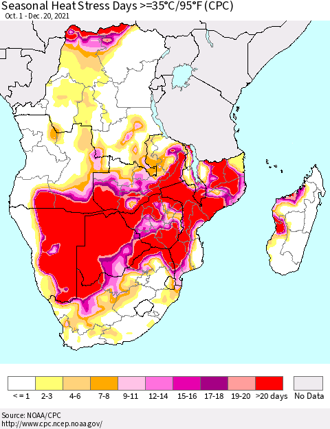 Southern Africa Seasonal Heat Stress Days >=35°C/95°F (CPC) Thematic Map For 10/1/2021 - 12/20/2021