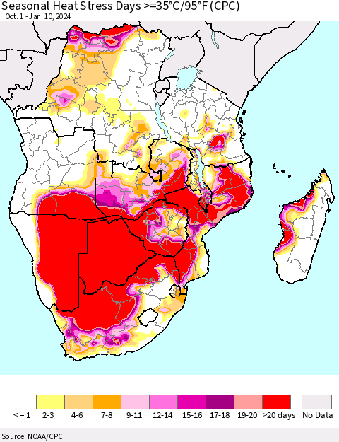 Southern Africa Seasonal Heat Stress Days >=35°C/95°F (CPC) Thematic Map For 10/1/2023 - 1/10/2024