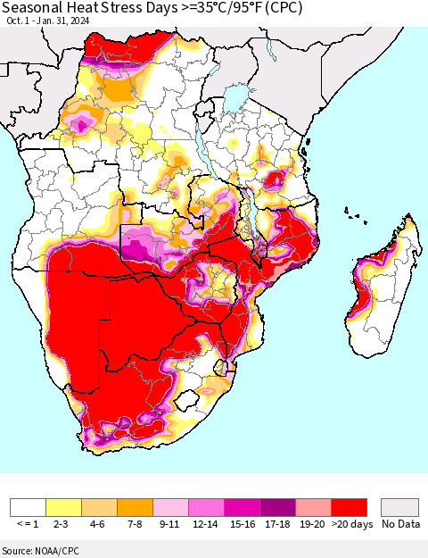 Southern Africa Seasonal Heat Stress Days >=35°C/95°F (CPC) Thematic Map For 10/1/2023 - 1/31/2024