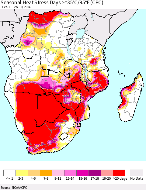 Southern Africa Seasonal Heat Stress Days >=35°C/95°F (CPC) Thematic Map For 10/1/2023 - 2/10/2024