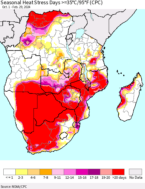 Southern Africa Seasonal Heat Stress Days >=35°C/95°F (CPC) Thematic Map For 10/1/2023 - 2/29/2024