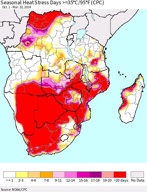Southern Africa Seasonal Heat Stress Days >=35°C/95°F (CPC) Thematic Map For 10/1/2023 - 3/10/2024