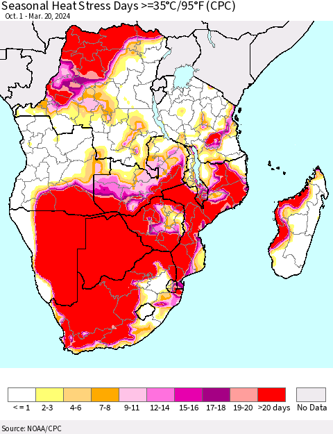 Southern Africa Seasonal Heat Stress Days >=35°C/95°F (CPC) Thematic Map For 10/1/2023 - 3/20/2024